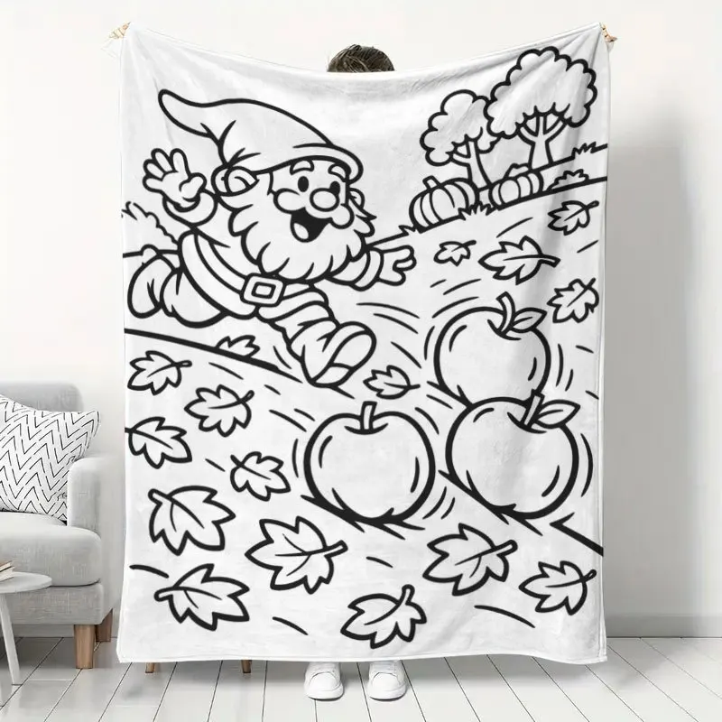 Sketch Gnome Apple Maple Leaf Autumn Cute Festive Couch Bed Throw Blanket Soft Flannel Sofa Lap Cover Cozy Rest Home Decor Gift