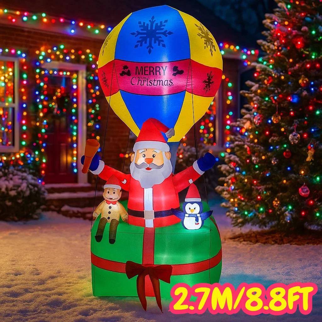 8.8FT Inflatable Santa Claus Hot Air Balloon Gift Box Lights LED Home Decorations Toys Yard Xmas Outdoor Inflatable Decorations