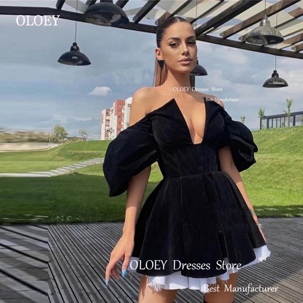 

OLOEY Sexy Off the Shoulder Black Velvet Short Prom Party Dresses Cocktail Dress Night Event Formal Gowns Dubai Arabic Women