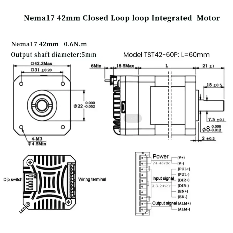 Nema17 42mm Closed Loop Stepper Motor Drive All-in-one Hybrid Servo With Encoder Integrated  0.4Nm 0.6Nm 24VDC~48VDC 3000rpm