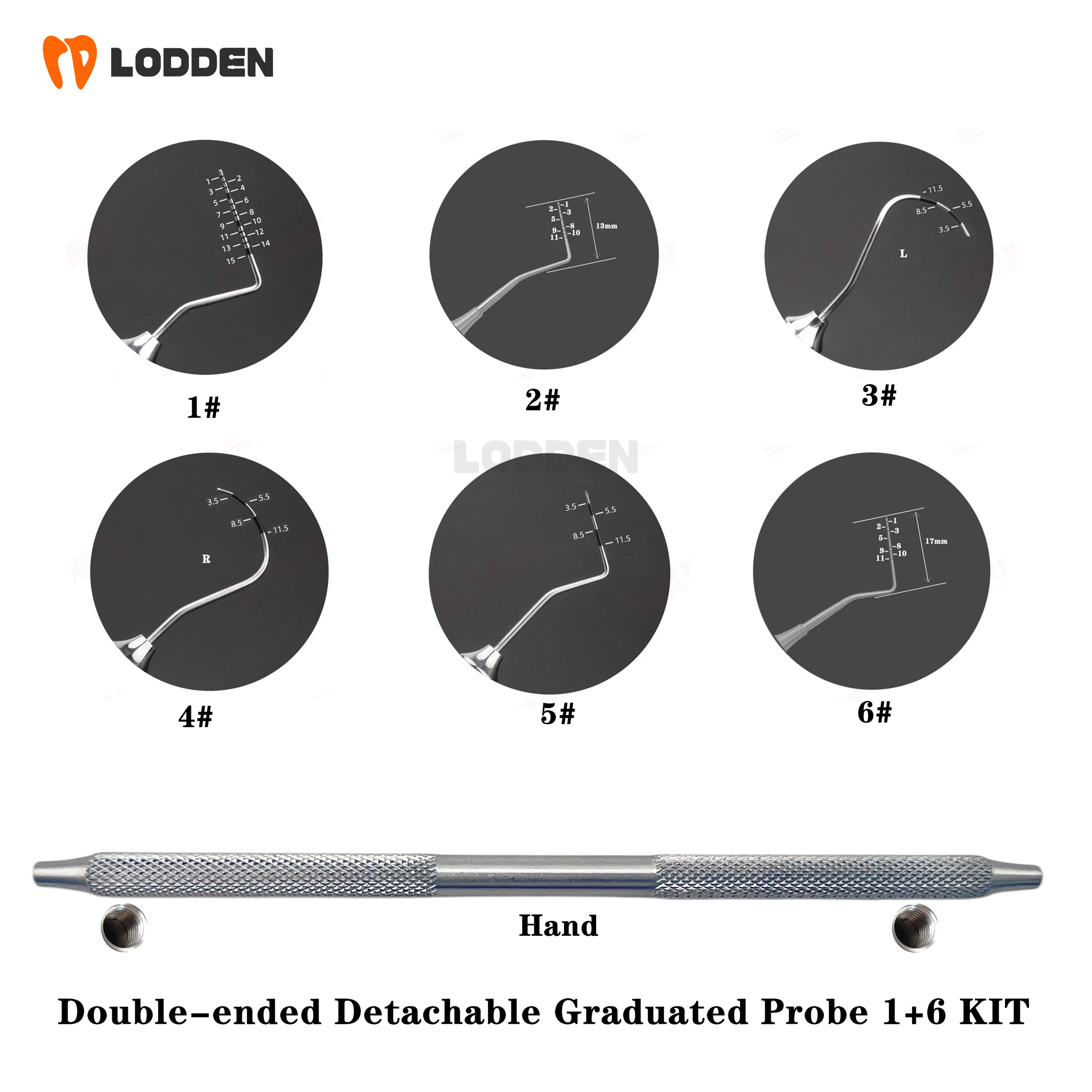 

LODDEN Стоматологический двусторонний съемный градуированный зонд 1 + 6 КОМПЛЕКТ Нержавеющая сталь 304 Стоматологический инструмент Эндодонтическое оборудование