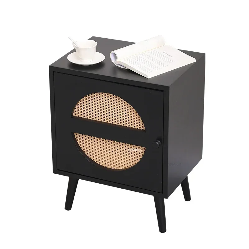 Wooden Nightstands Household Imitation Rattan Bedside Table Modern Simple Storage Side Cabinet Japanese Bedroom Furniture