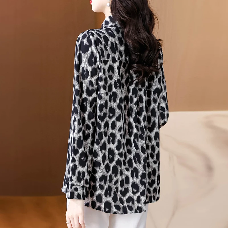 Autumn Women's Oversize Shirt Chic Leopard Print Chiffon Blouse Vintage Blouse Long Sleeve Tops Elegant Long Shirt for Women