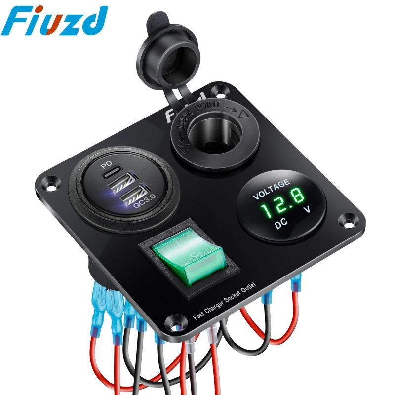 12V USB Panel Socket 4 in 1 Dual USB Charger with Switch Car Cigarette Lighter Digital Voltmeter for Car Boat Truck RV