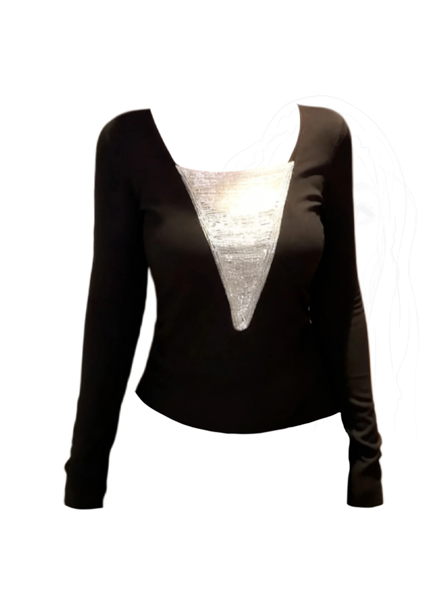 

Women's Black Gothic V-Neck Emo T-shirt Aesthetic Y2k Gyaru Tee Top Vintage Long Sleeve Patchwork T-shirts 2000s Clothes Winter