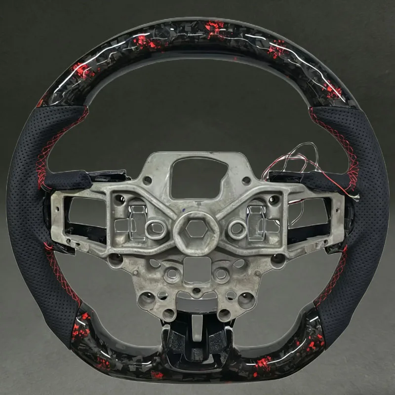 Red Forged Carbon Fiber Steering Wheel for Mustang 2015 2016 2017 2018 2019 2020 with LED Display Thumb Patch with Flat Bottom view 4