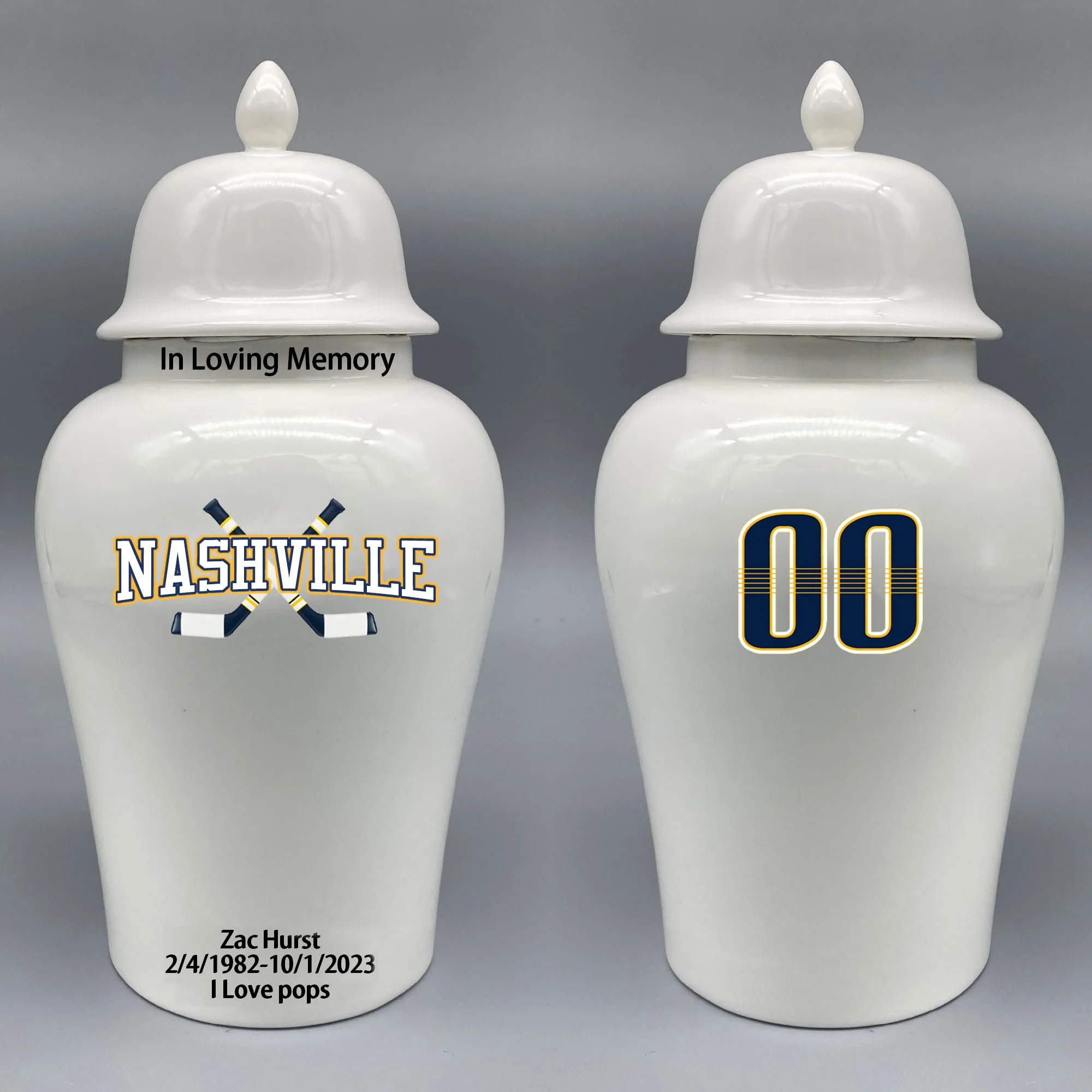 

Large Urn for Nashville Predators-themed Hockey Urn.Please send me the customize information-name/date and number on the urn