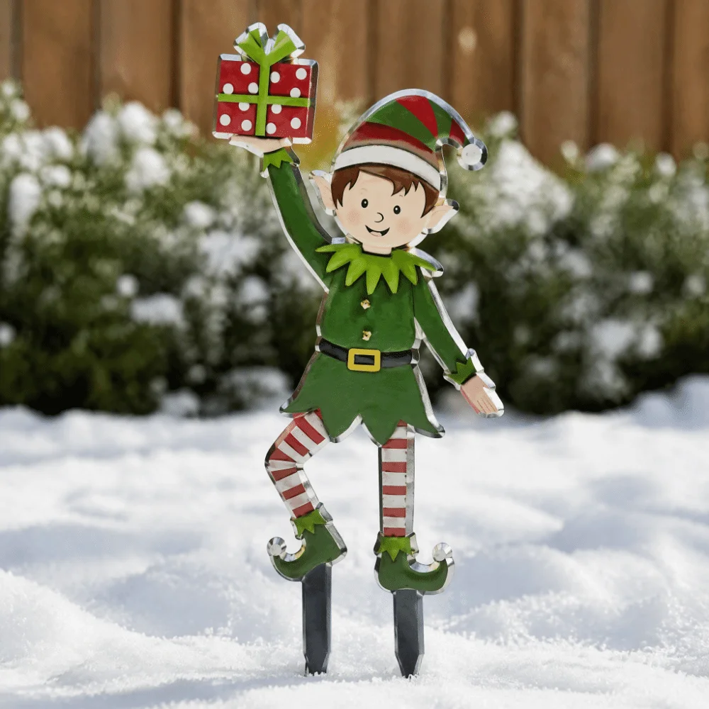 Iron Christmas Elf Garden Stake Weather Resistant Outdoor Yard Decorations Christmas Elf Figurine Rustproof Christmas Decoration