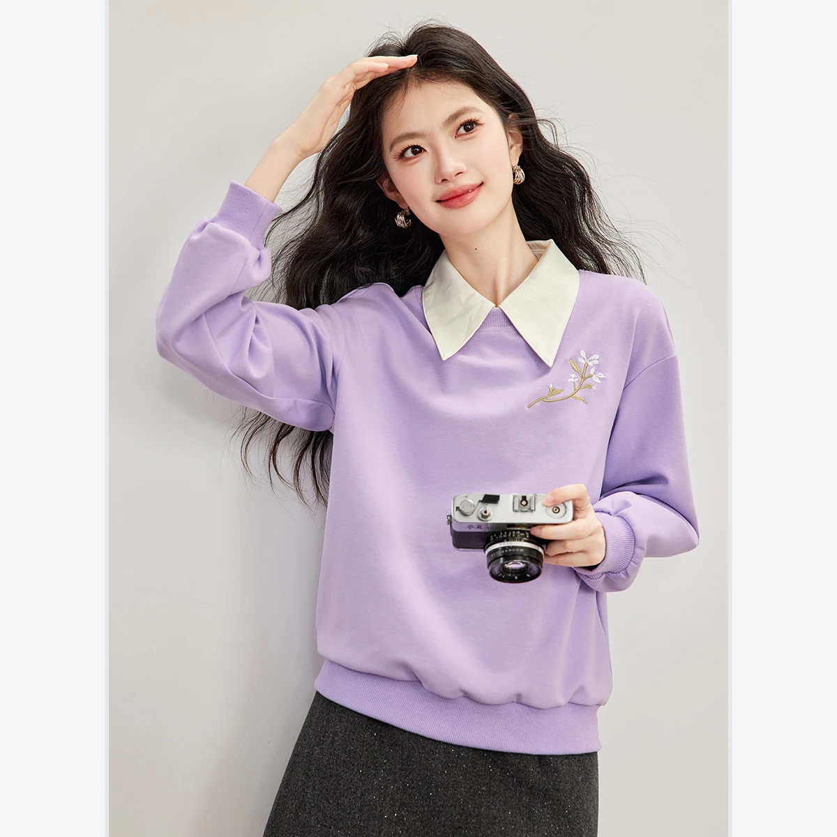 VIMLY Purple Sweatshirt Autumn Casual Embroidered Round Neck Elegant Drop Shoulder Pullover Loose-fit Versatile Top Female 31896