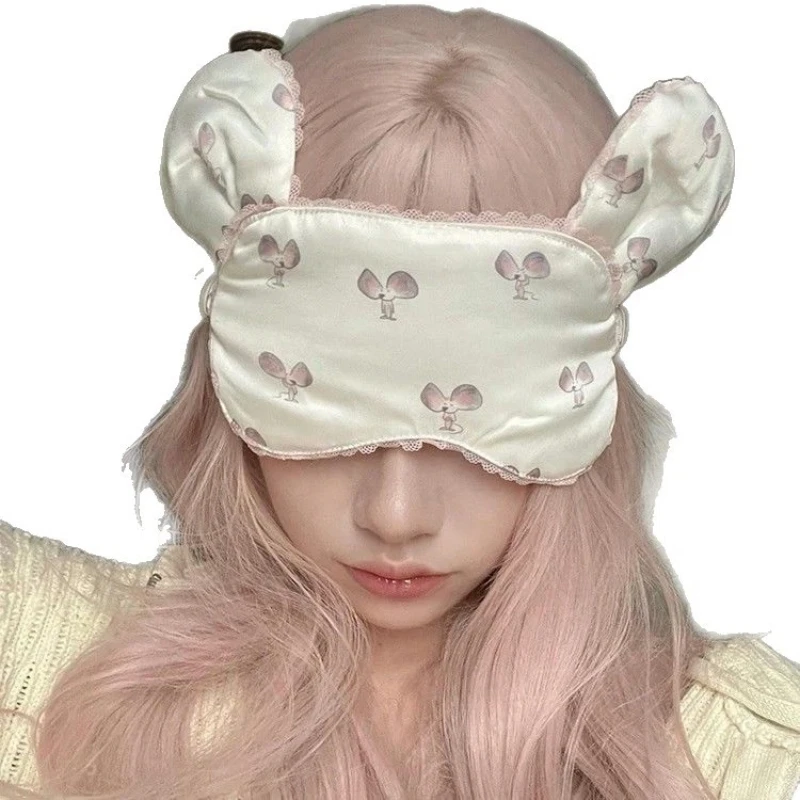 Cute Rabbit Eye Mask for Sleeping Sweet Printed Big Rabbit-ear Blackout Eye-mask Lace Hair Band for Washing Face Makeup Daily