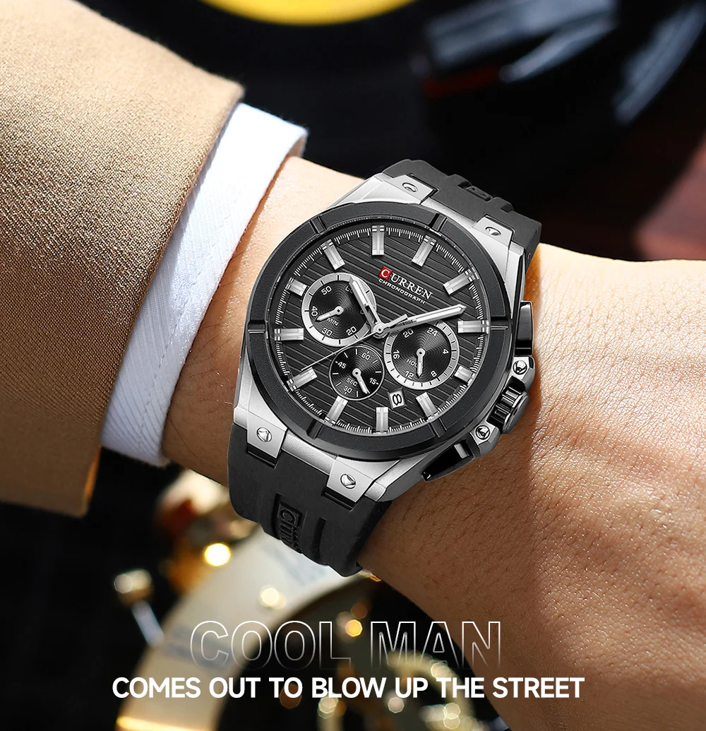 CURREN Herren-Luxus-Chronographenuhr mit 44-mm-Gehäuse, modische Quarz-Armbanduhr, lässiges Sport-Silikonarmband mit automatischem Datum. – Detail 14