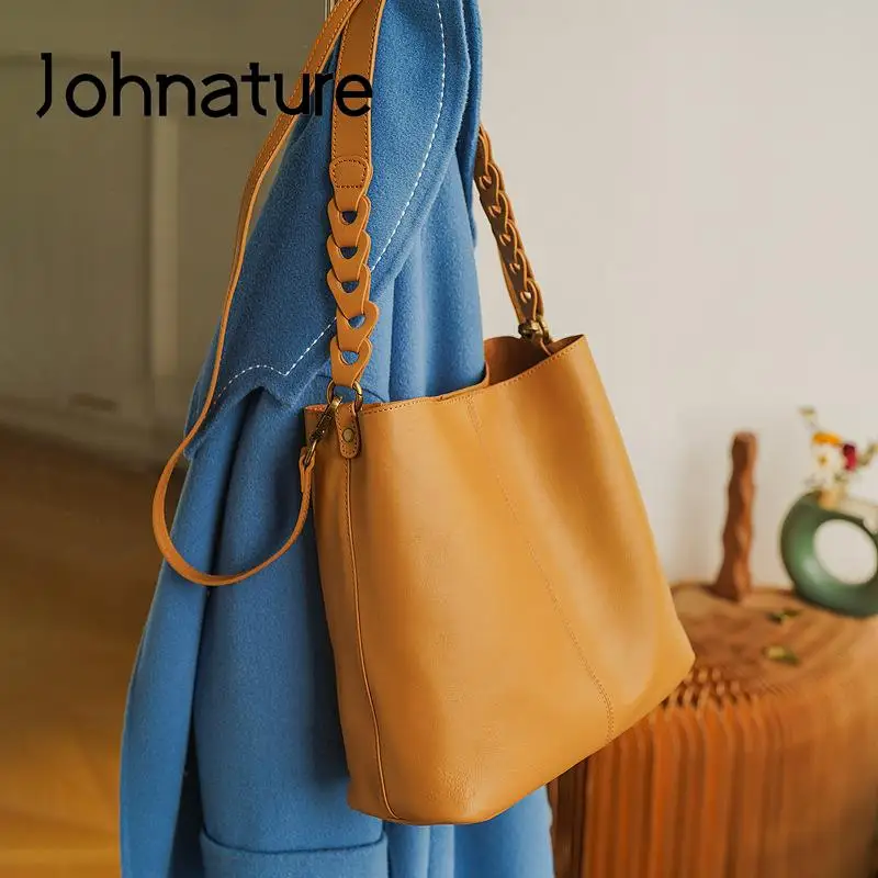 Johnature borsa tote da donna alla moda in vera pelle 2024 nuove borse a tracolla versatili semplici in vera pelle bovina morbida naturale tinta