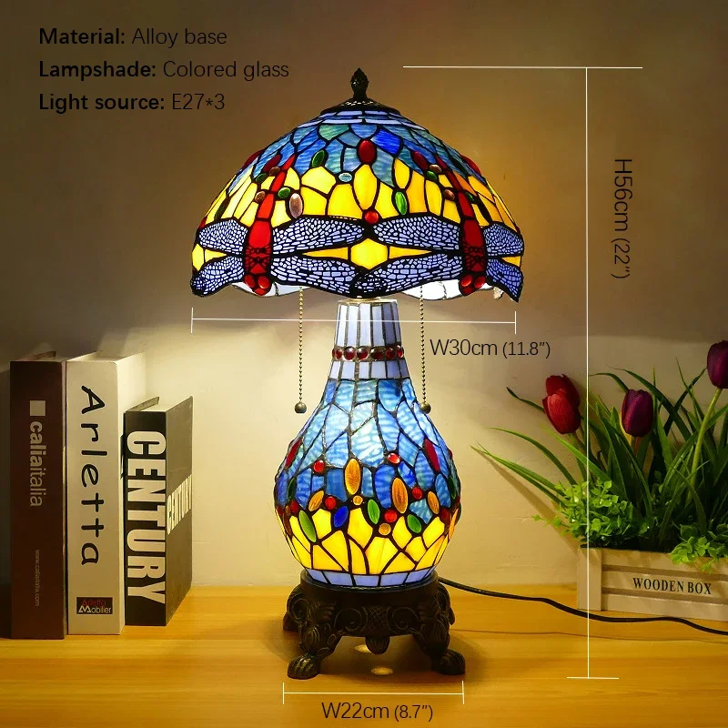 TEMOU Tiffany Table Lamp American Retro Living Room Bedroom Lamp Luxurious Villa Hotel  Stained Glass Desk Lamp