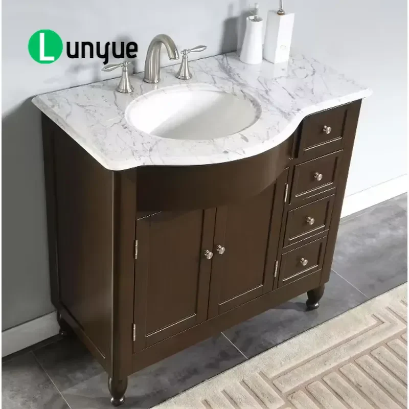 Custom Modern Luxury Dark Walnut MDF Floor to Ceiling Bathroom Cabinet Vanity with White Basin Durable Easy to Clean for Home