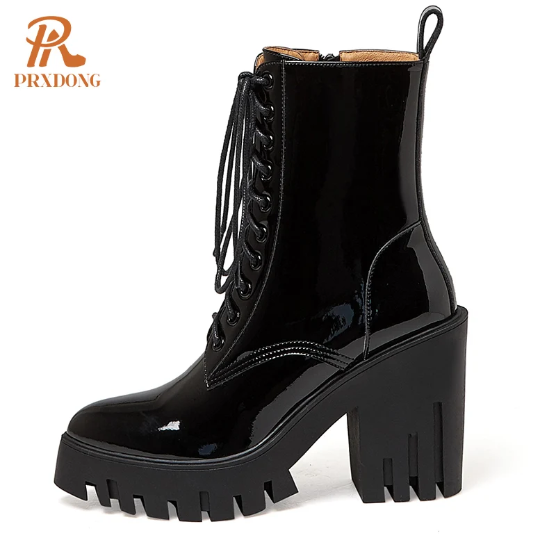 PRXDONG Women\'s Shoes 2022 New Genuine Leather Chunky High Heels Platform Black Zipper Dress Party Motorcycle Ankle Boots Shoes