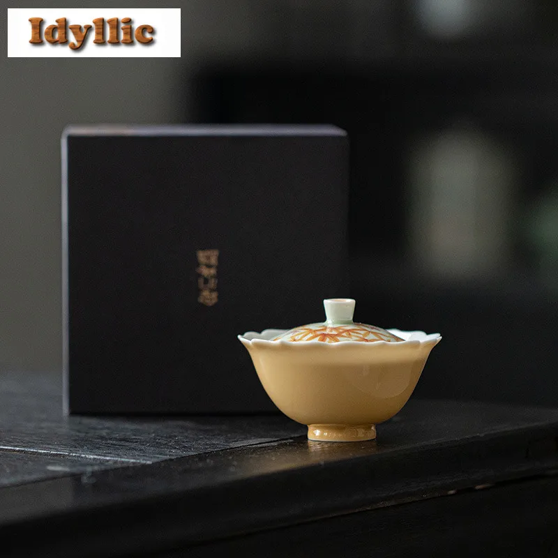 

90ml Hand-painted Maple Leaf Gaiwan Elegant Tea Tureen Tea Bowl With Lid Kit Tea Making Cover Bowl Chinese Tea Set Collection