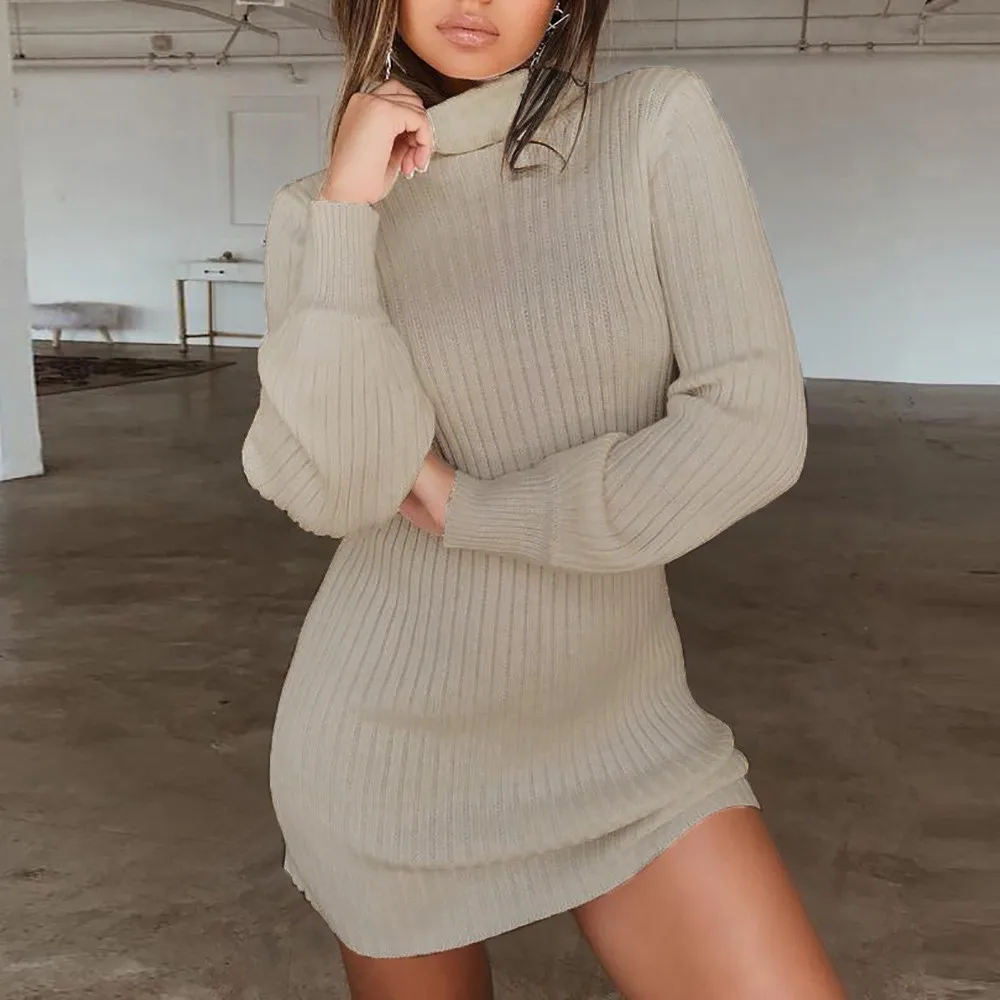 Autumn Knit Sweater Dress Women Long Sleeve Turtleneck Soild Colour Mini Dresses Fashion Loose Warm Vestidos Casual