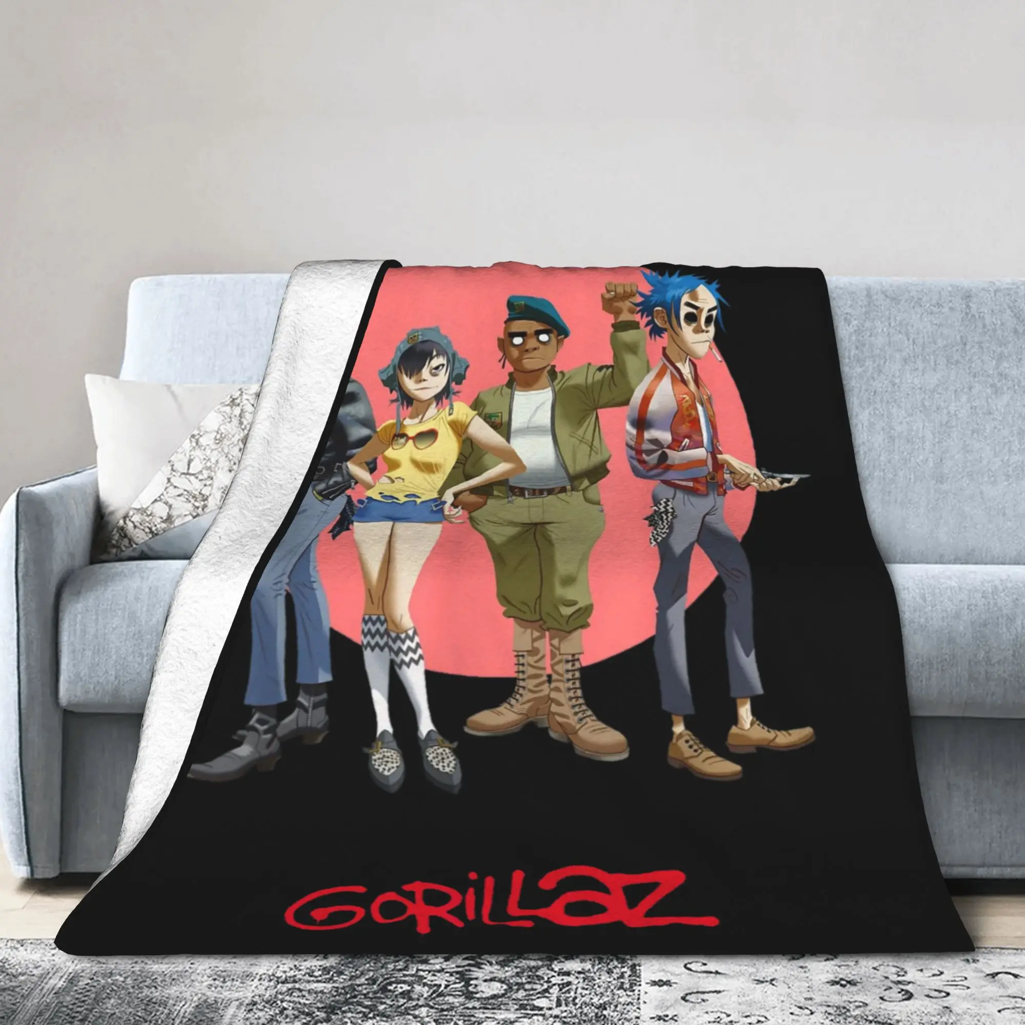 Gorillaz Group Circle Rise Blankets Flannel Print Music Band Punk Rock 90s Y2K Multi-function Soft Throw Blankets for Bedspreads