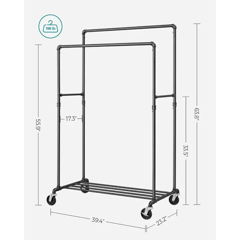 Heavy Duty Hanger, 39.4-Inch Hanger with Storage Shelf, Twin Bar Hanger on Wheels, 2 Casters with Brakes, Up to 198 Lbs.