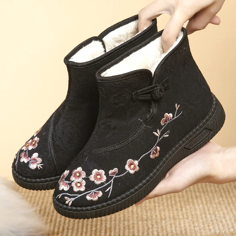 Women With Artificial Plush Shoes Warm Snow Boots Cotton Shoes Thickened Embroider Fall Winter Spring Booties Comfy