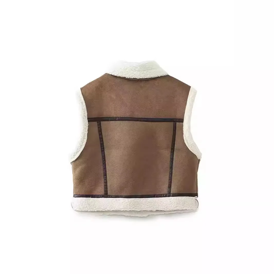 2024 Fashion Elegant Women Thickening Warm Zip Waistcoats Coat Female Faux Leather Lambswool Patchwork Sleeveless Casual Vest