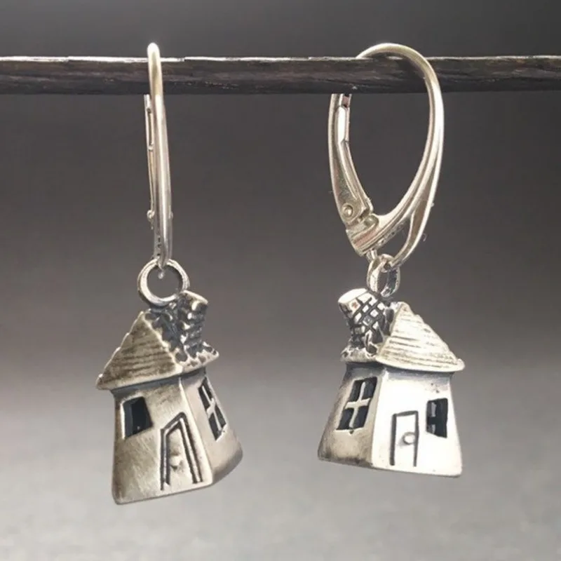 Ethnic Silver Color Copper Dangle Women's Earrings Geometric Creativity Hand Carving House Design Earrings Woman Vintage Jewelry