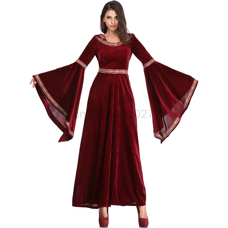 Medieval Retro Victorian Dress For Women Halloween Party Vampire Witch Costume Gothic Red Flare Sleeve Hood Long Dress Vestidos