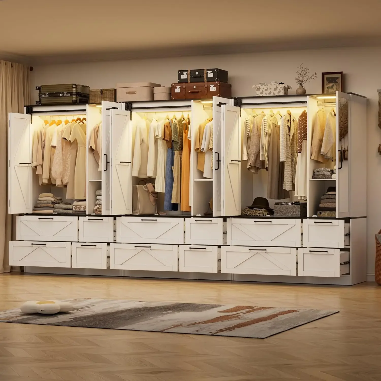 Armoire Wardrobe Closet with w Folding Sliding Barn Door Bedroom Armoires with Mirror and Sensor Lights Hanging Rod Wardrobe