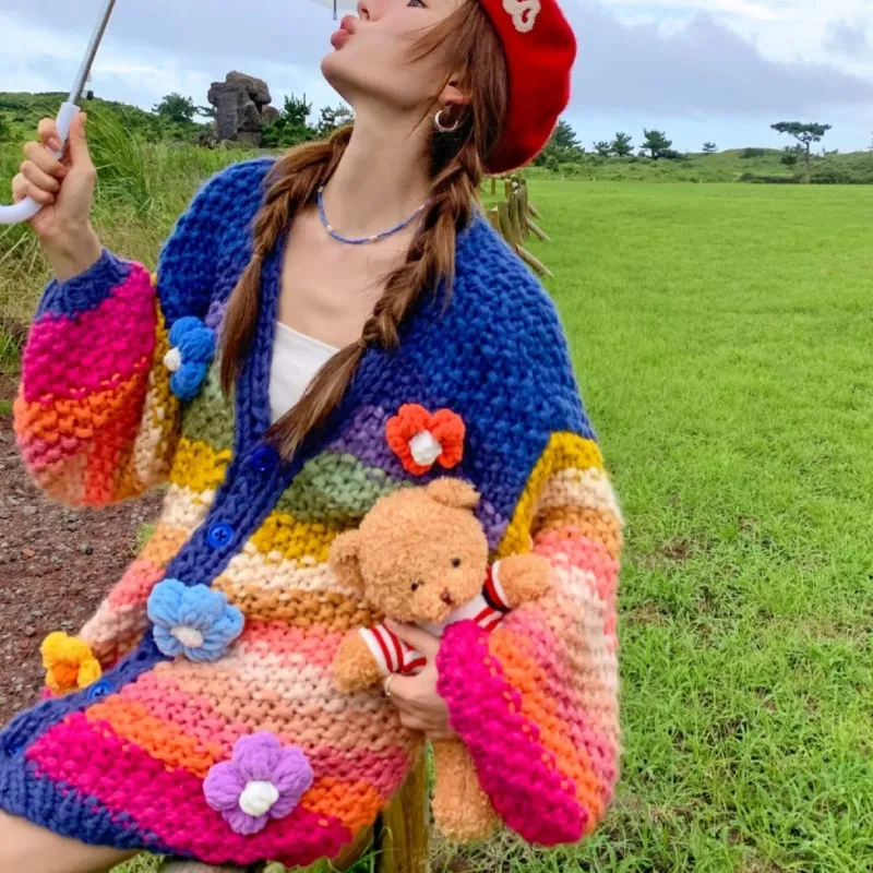 

2026 Autumn And Winter New Holiday Bohemian Handmade Rainbow Striped Cardigan Sweater Contrast Color Flower Women Sweater Jacket