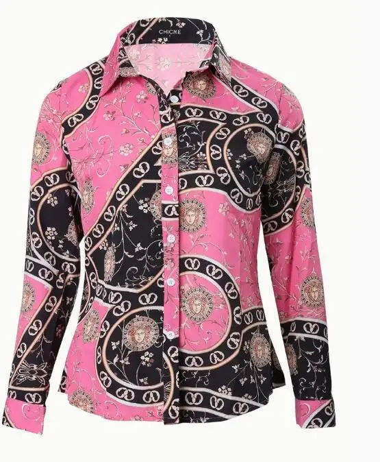 Chain print button front shirt casual long sleeve shirt for spring and fall women\'s