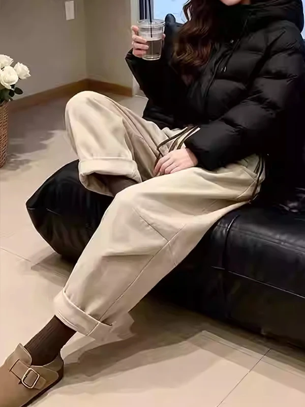 Khaki Fce Lined Dad Jeans Women's Winter High Waist Loose Fit Casual Sle Nine-Piece Carrot Pants plus Size ort Stature