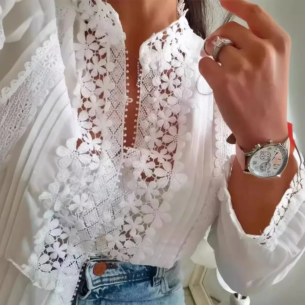 Women White Lace Floral Splicing Long Sleeve Shirt Blouse Top Fashion Casual Hollow Out Sexy Shirts