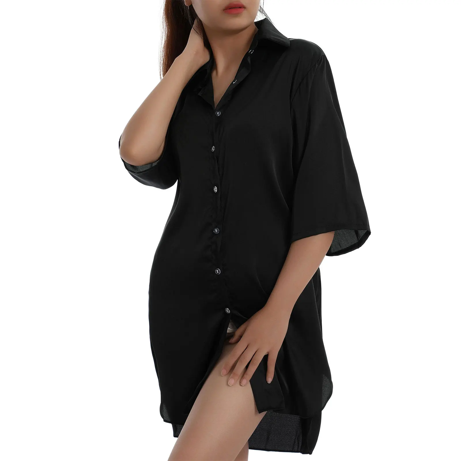 Womens Satin Nightshirt Button Down Sleepshirt Silk 3 4 Sleeve Nightgown Boyfriend Notch Collar Loose Sleepwear Nightshirt