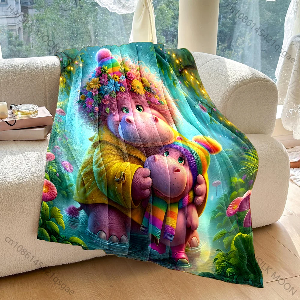 Cartoon Hippopotamus Motherly Love Blanket Flannel Material Soft Warm for All Seasons, Home Outdoor Camping Picnics Luxury Gifts