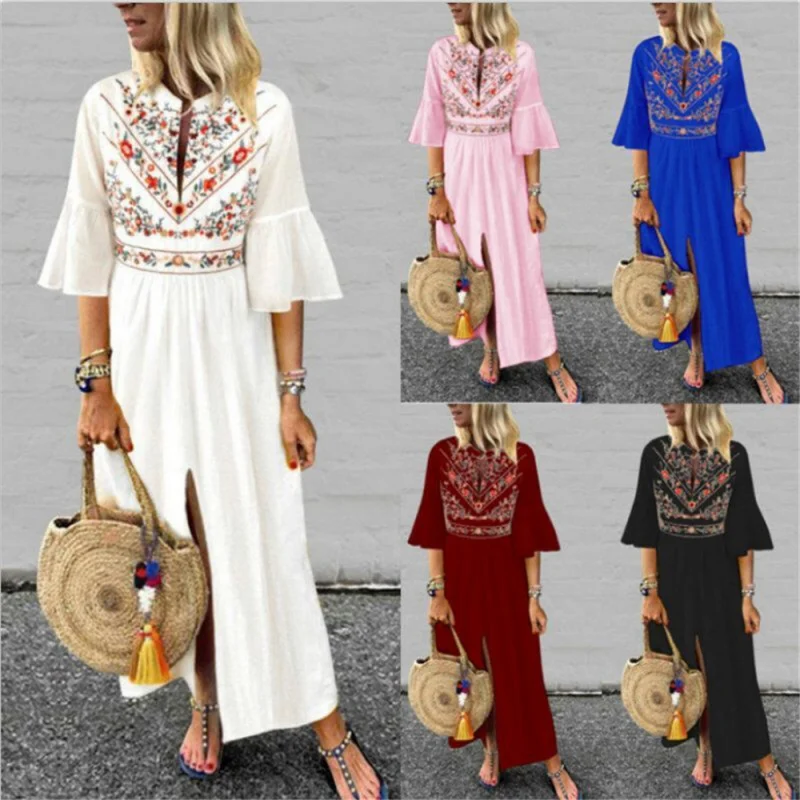 

WISHHot Sale European and American National Style Loose Casual Middle-Sleeve Floral-Print StitchingAWord Dress LQ5540