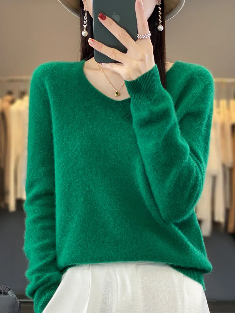 New Women\'s Wool Sweater V-Neck Pullovers Long Sleeve Tops 100% Merino Wool Spring Autumn Female Cashmere Knitwear Clothing