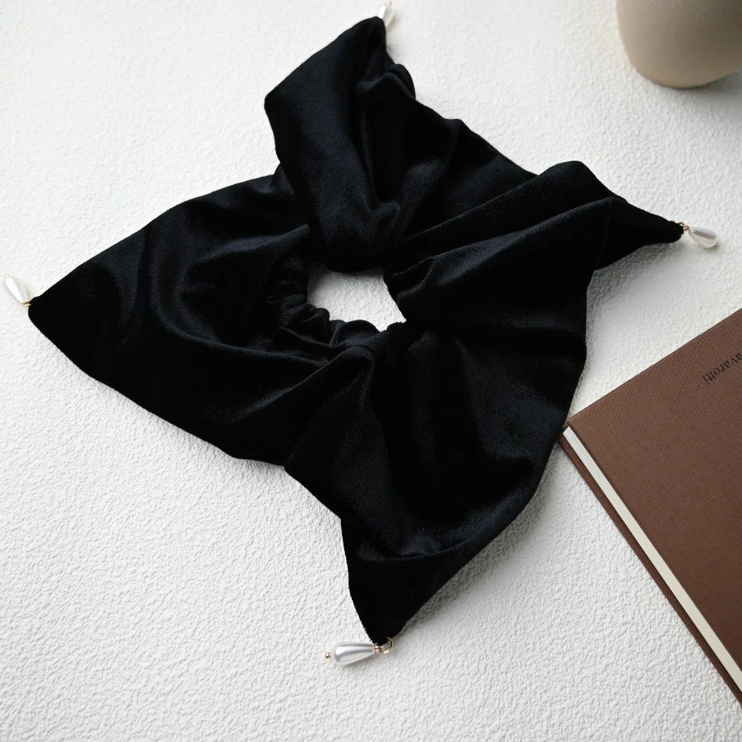 ربطات شعر Velet كبيرة للفتيات والنساء على الموضة الشتوية، ربطات شعر حمراء وسوداء، لآلئ صناعية لامعة