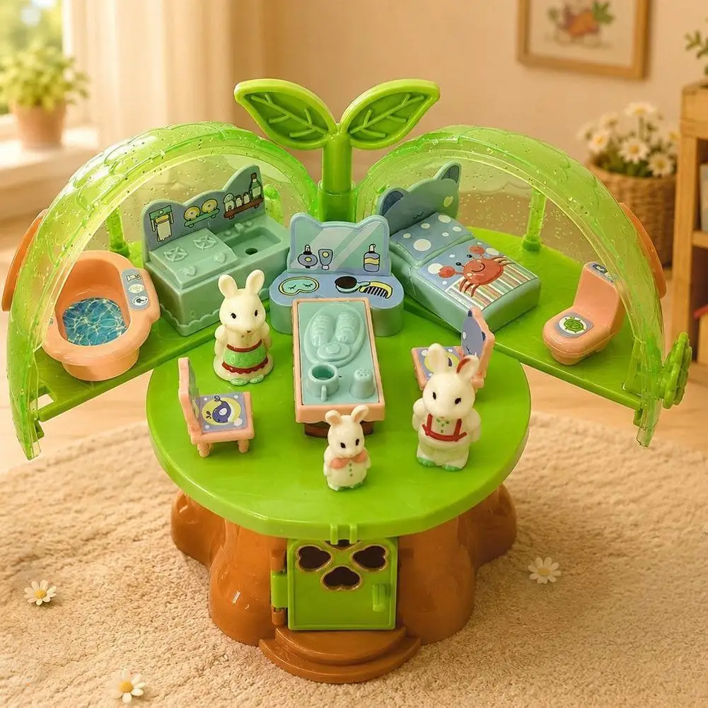 Forest Treehouse Playset With Rabbit Figures Mini Dollhouse Pretend Play Toy Folding Canopy Tree House Miniature Furniture Set