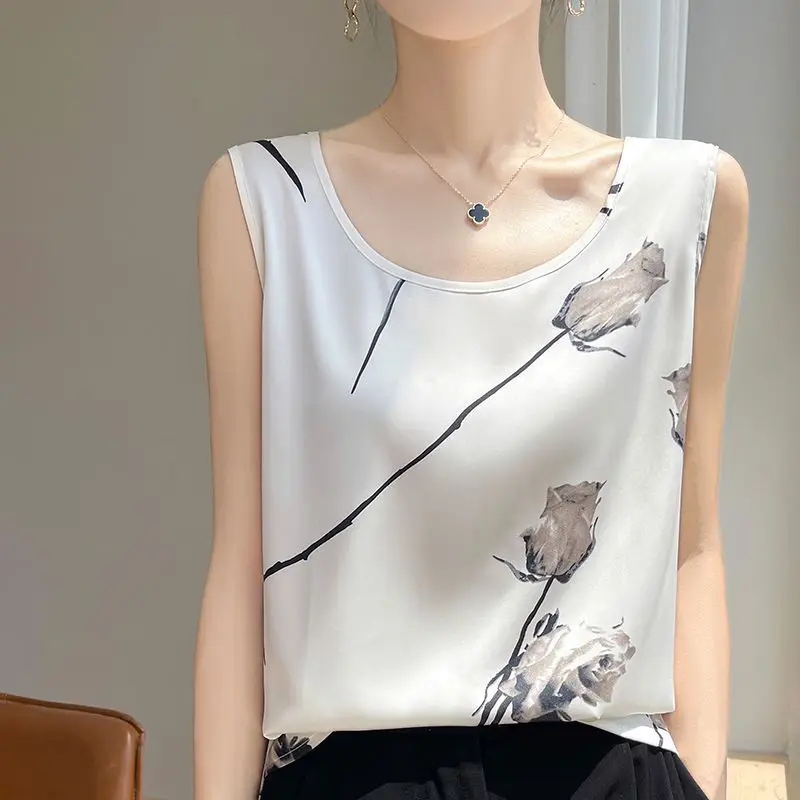 

Женская летняя мода, свободный тонкий атласный камзол с принтом, женские простые офисные женские универсальные трендовые топы без рукавов