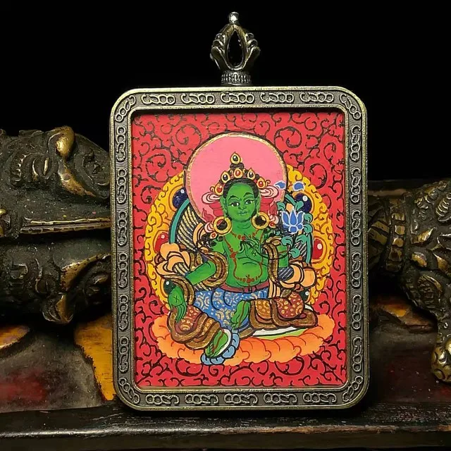 Tibetan Old Buddha Plague Bronze Body Gilded Silver Inlaid with Hand Painted Green Tara Guanyin Tangka Pendant Square Hanging Ta