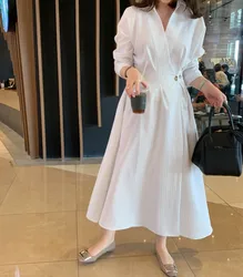 Elegant French Designer Spring White Striped Office Ladies Long Dress Women Lapel Collar One Button Shirt CasualVestidos Robe