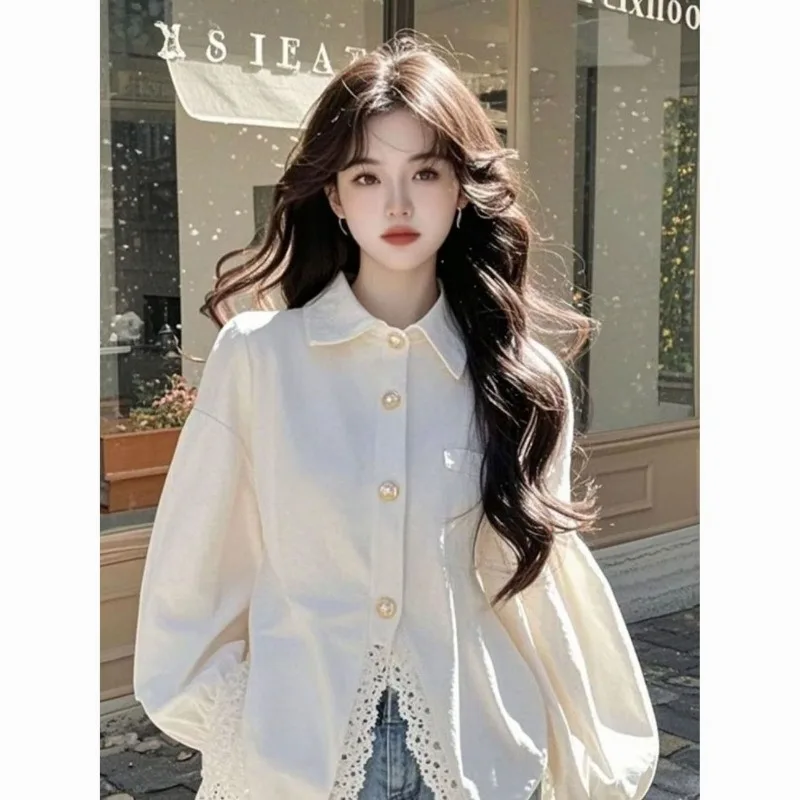 Women Elegant Lace Spliced Lapel Shirt Loose Stylish Youthful Versatile Spring Blouse