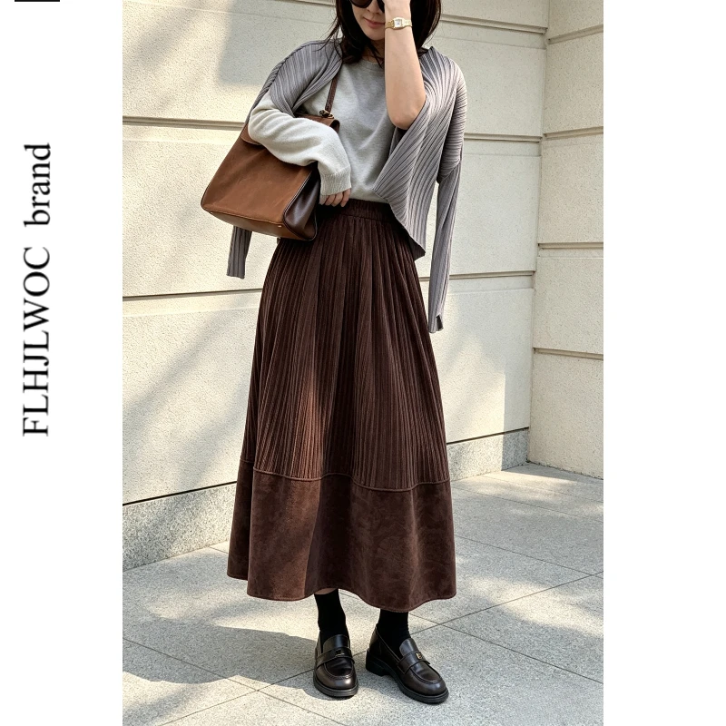 Retro Vintage Velvet Umbrella Skirts for Women 2026 Autumn Winter Patchwork Elastic High Waist Long Maxi Skirt