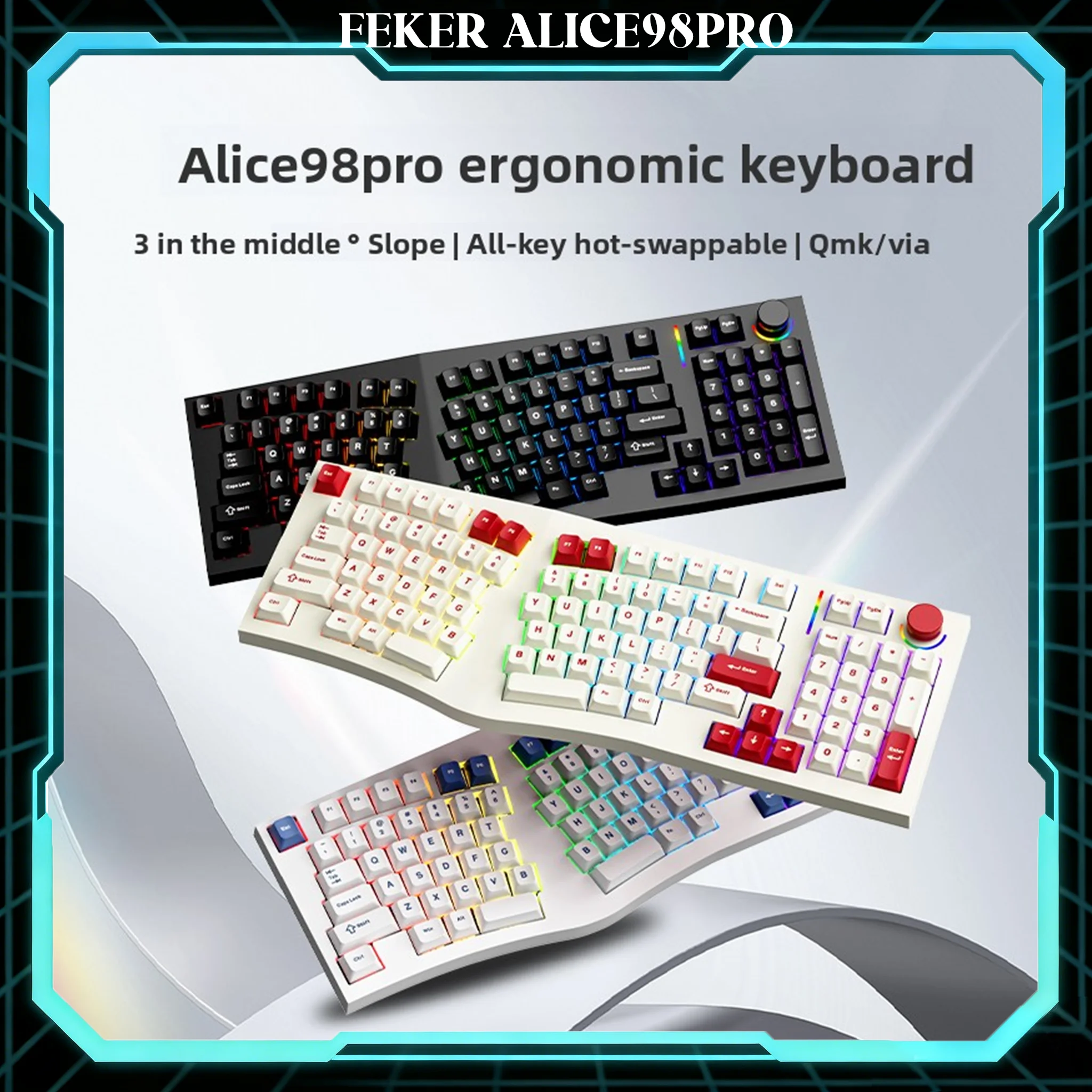 

Механическая клавиатура FEKER Alice98 Pro, эргономичная, 98 клавиш, раздельная раскладка с цифровым блоком 3 ° Компьютер для продуктивной работы с горячей заменой компонентов, RGB-подсветкой и наклонной панелью