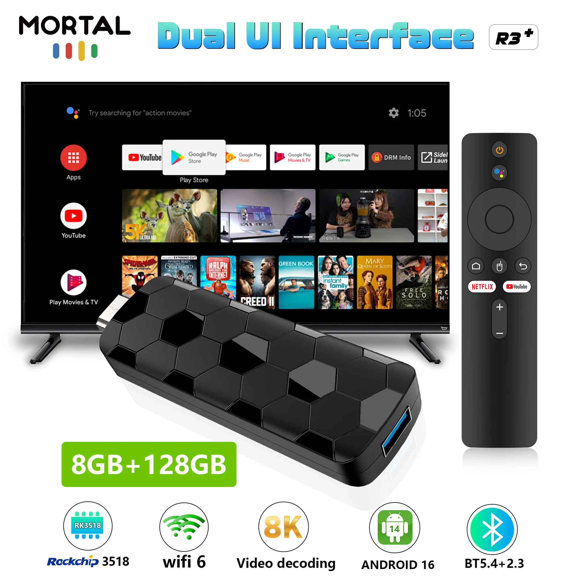 ТВ-приставка Mortal R3+, Android 16, Google Chromecast Voice, двойной Wi-Fi 6, 8 ГБ, 128 ГБ, Netflix RK3518, беспроводной 4K-декодер, Smart TV Dongle