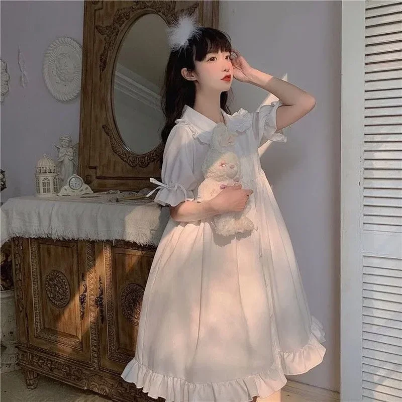 Japanse Zoete Meisje Lolita Jurk Wit 2021 Zomer Kawaii Peter Pan Kraag Leuke Ruche Bladerdeeg Mouw Drees Elegante Dame Jurken