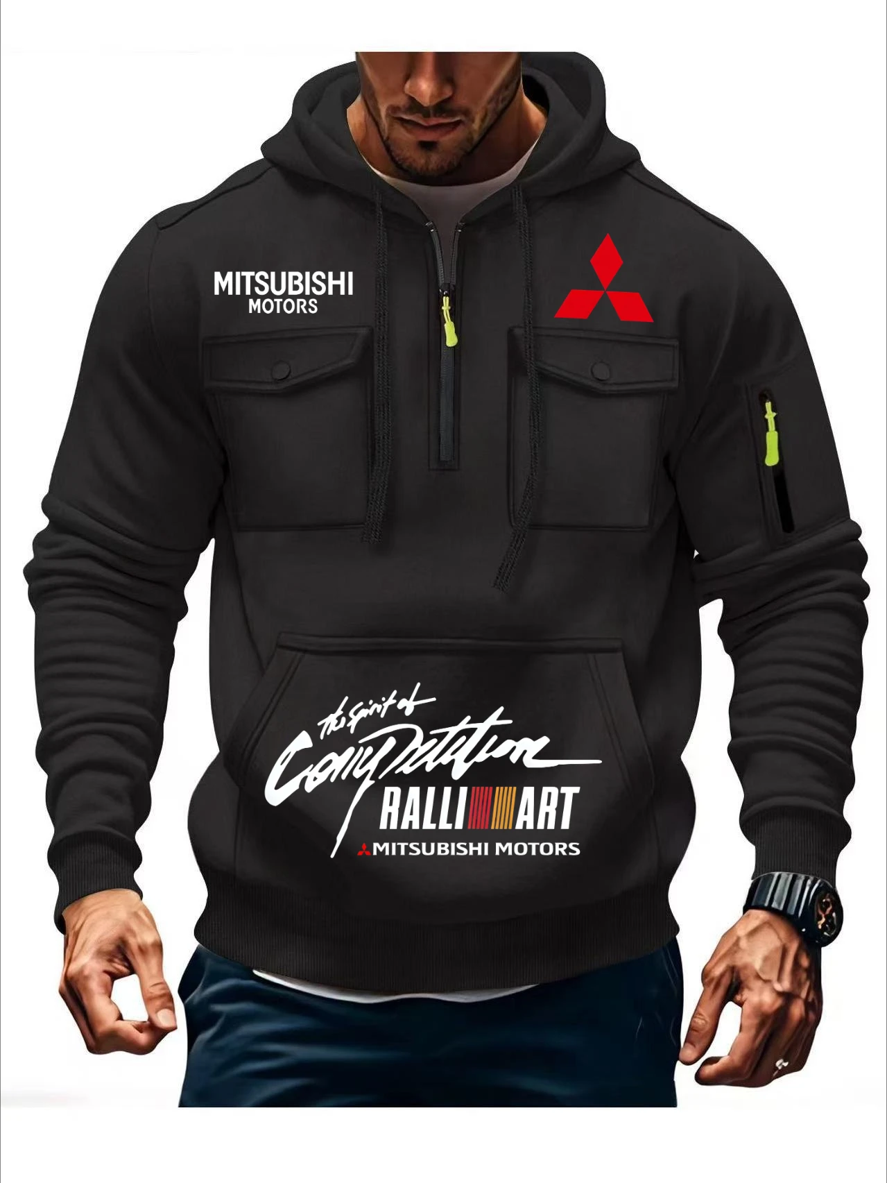Mitsubishi's New Autumn and Winter Men's Hoodie with Multiple Pockets, Hooded Long Sleeves and Plush Casual Sports Jacket Top