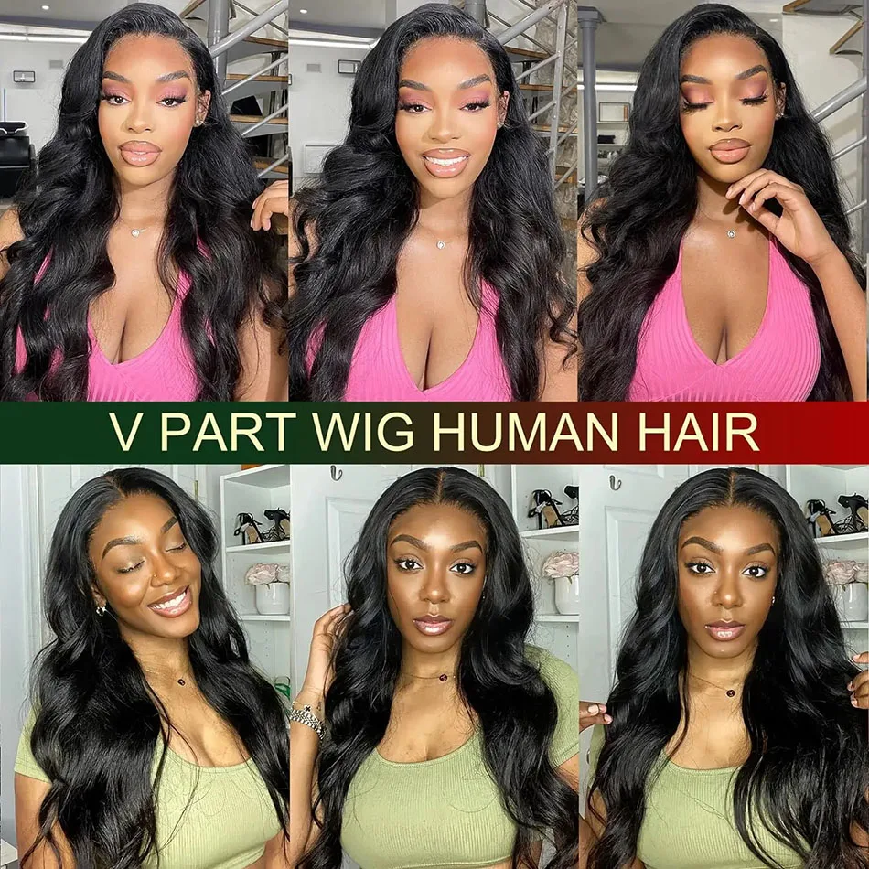 Fotografia 6: Peruca Body Wave V Part de Cabelo Humano Cru Peruano de 18 a 36 Polegadas, Perucas Onduladas em Formato V para Mulheres, Perucas Humanas Amigáveis para Iniciantes