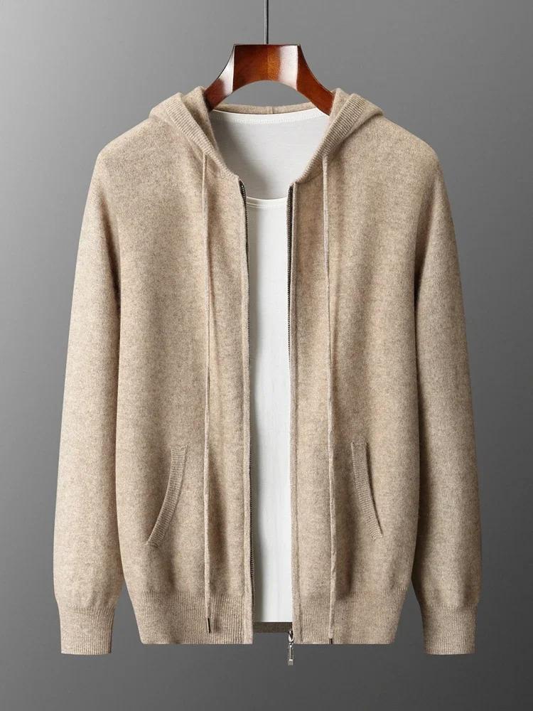Autumn Winter Sweater Cardigan 100% Merino Wool Men's Sweater Clothes Casual Hoodie Open Stitch Jacket Solid Pocket Thicked Knit