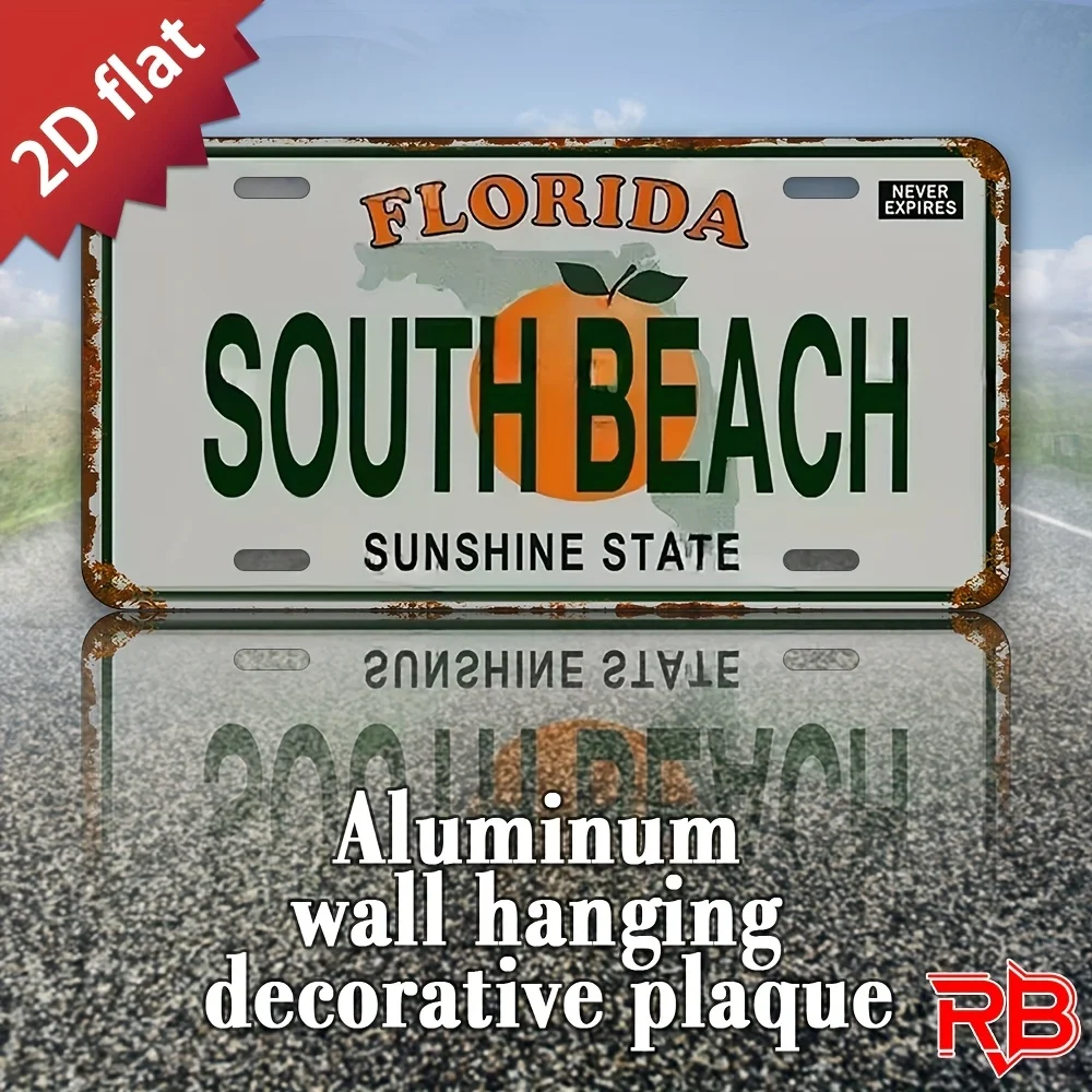 Florida-Themed Vintage License Plate Metal Sign - South Beach Sunshine State Design with Tree & Florida Map Outline - Durable
